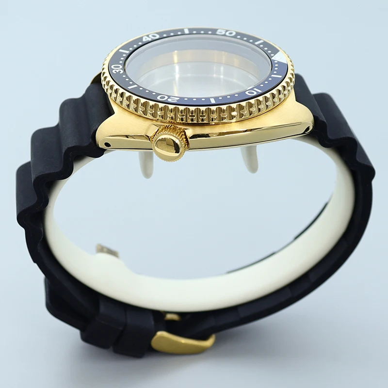 Gold 45mm 009 Watche Case Rubber Bracelet Sapphire For Tuna Turtle Seiko NH35 NH36 NH38 Movement 28.5mm Dial Black chapter Ring