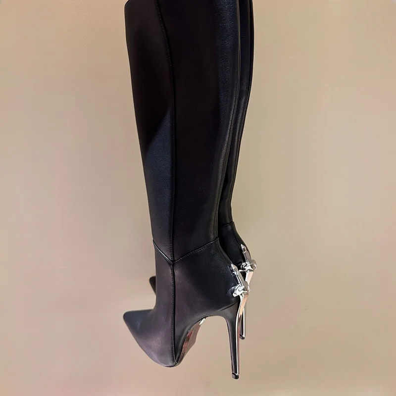2025, neue schwarze Wildleder-Overknee-Stiefel für Damen, spitze Zehen, Designer-Metall-High-Heels, lange Stiefel, Party-Oberschenkelhohe Stiefel für Damen