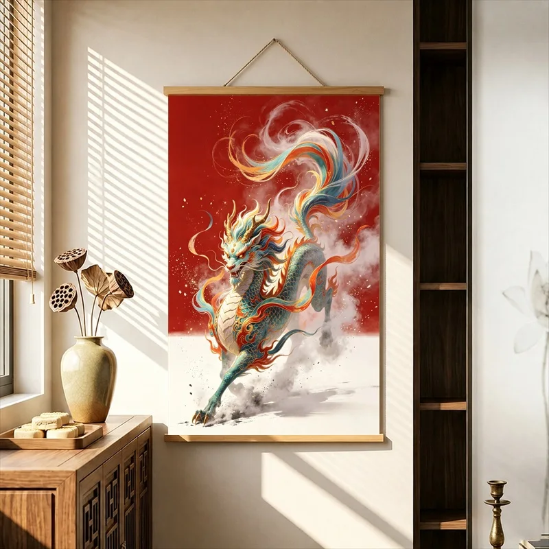 Wall Decor Auspicious Dragon and Mythical Beast, Chinese Fantasy Pearlescent Canvas Hanging Scroll with Wooden Rods for Entryway