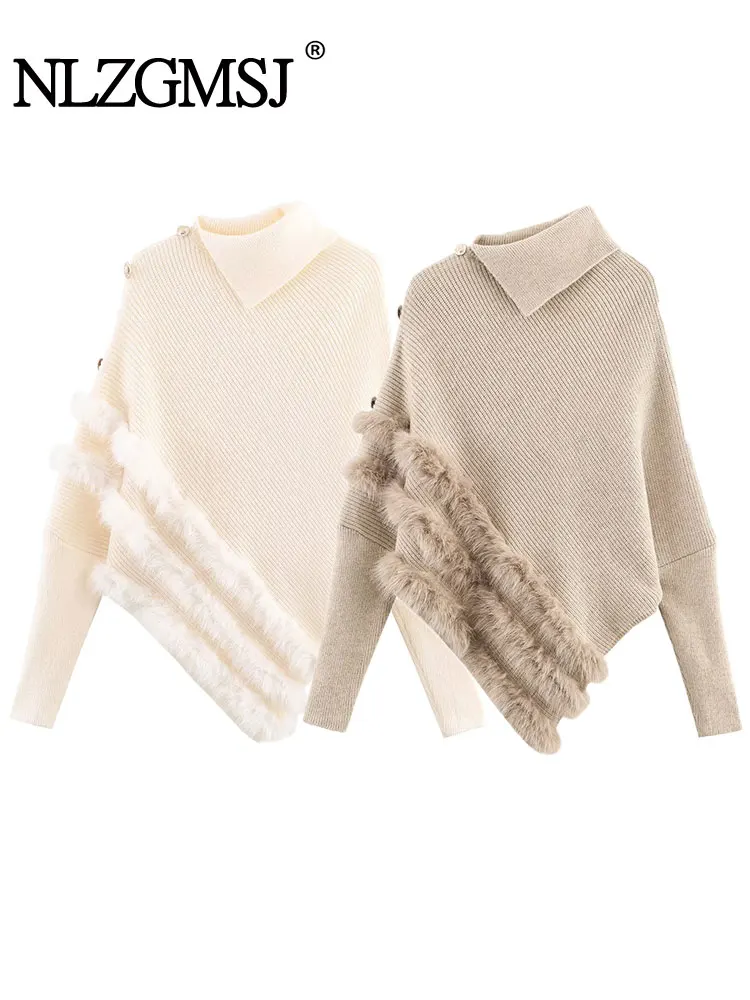 

NLZGMSJ Elegant Women's Pullover Asymmetrical Design Long Sleeve Knitted Top Plush Decoration Solid Sweaters For Women