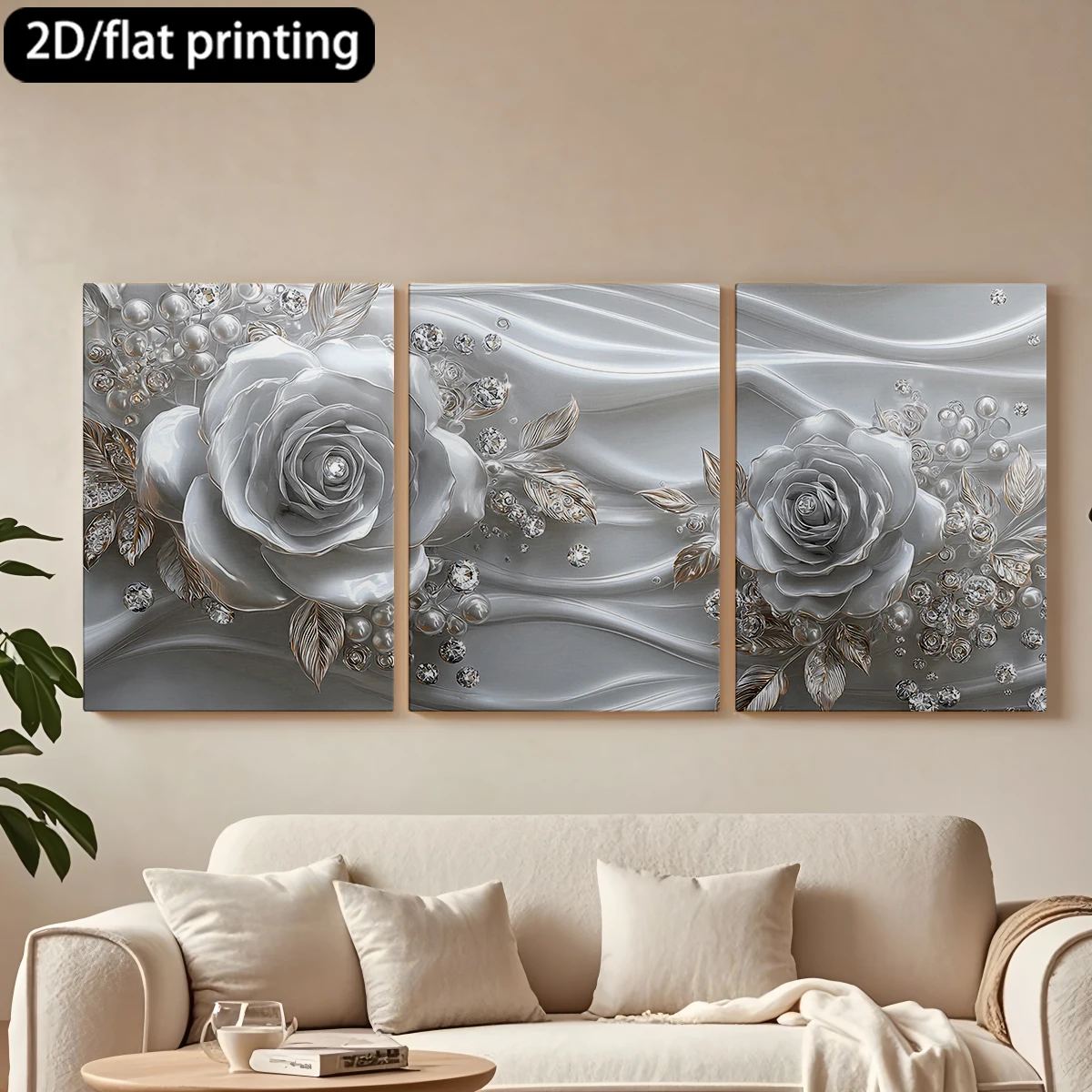 Impresión plana 2D, cuadro decorativo de lona con marco de madera de 3 piezas, rosas plateadas, perlas, diamantes. Decoración para pasillo y dormitorio.