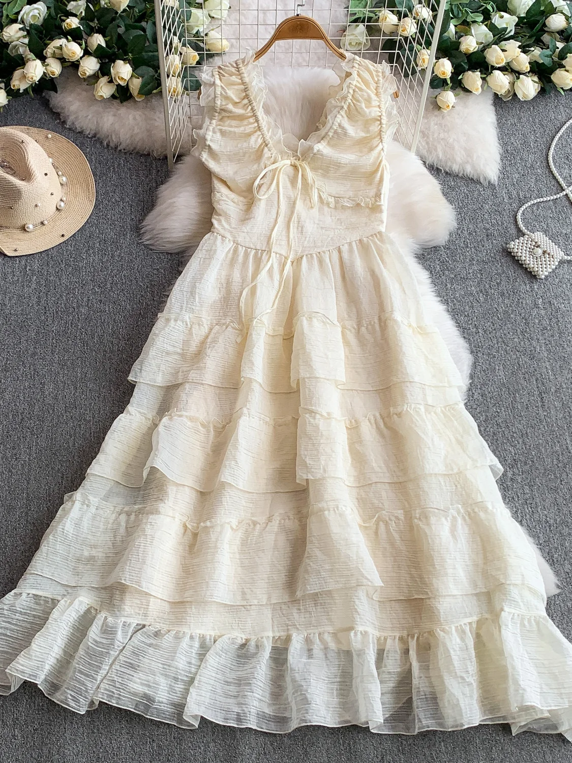 Vestido F Sem Mangas com Decote em V e Cordão, Saia em Camadas de Renda de Cintura Alta, Vestido de Verão A-line para ...