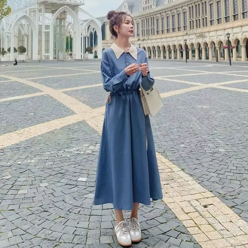 فستان قميص نسائي فرنسي بأكمام طويلة متناسق الألوان لربيع وخريف 2025 فساتين طويلة رفيعة بخصر جديد لملابس النساء