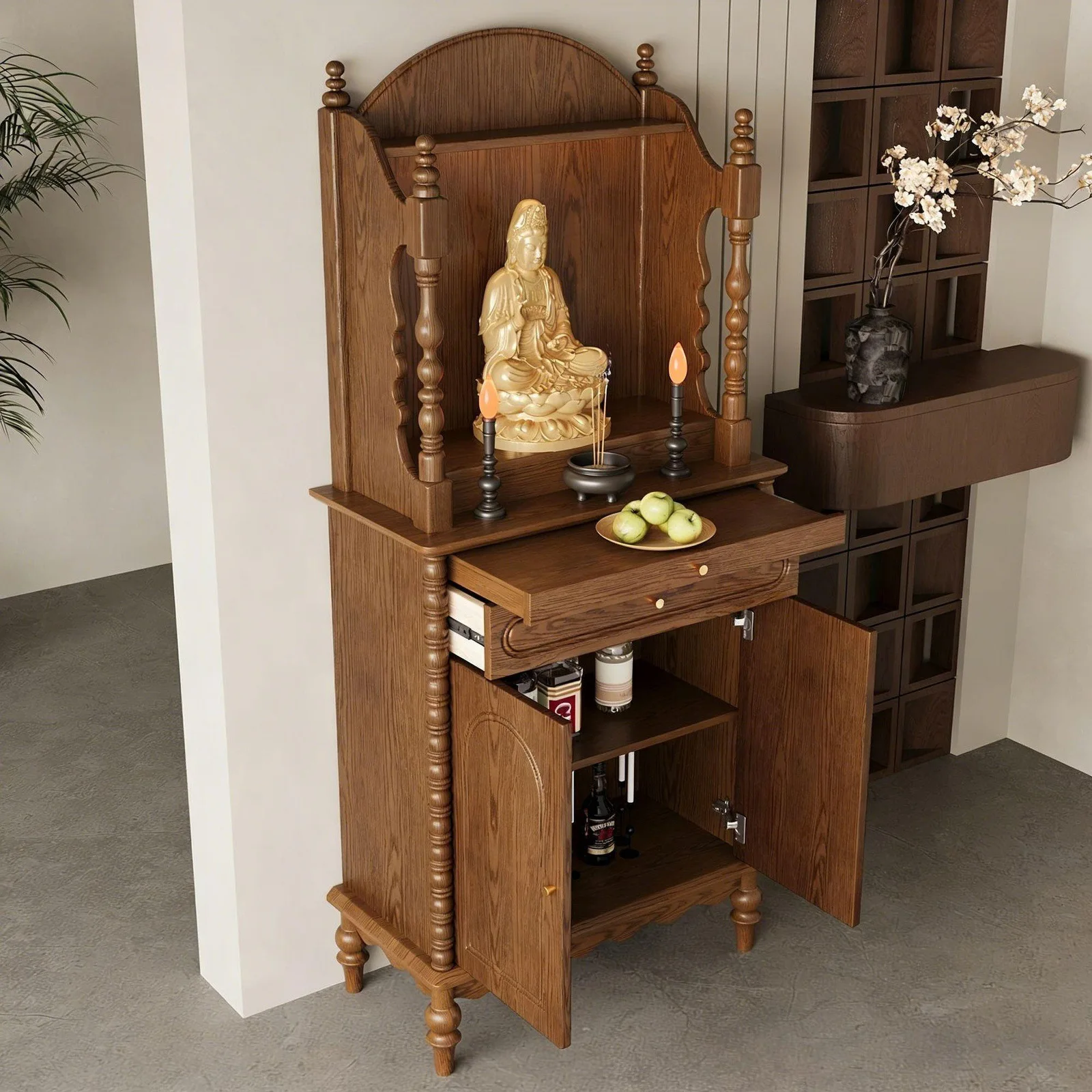 HYS New Chinese solid wood Buddhist cabinet Double-layer offering cabinet Classical carved household shrine cabinet God