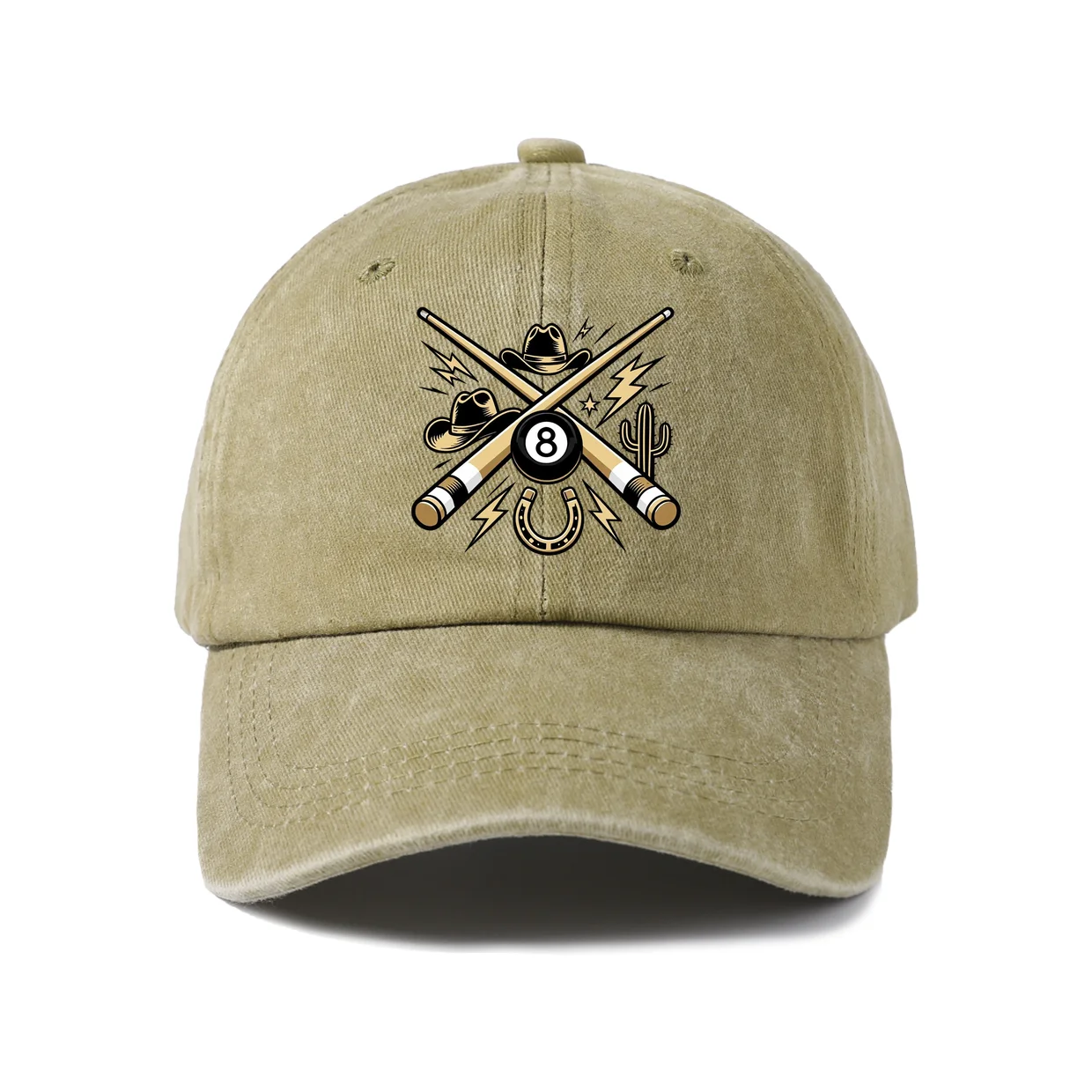 Billiards Eight Ball Crest Graphic Baseball Cap, Vintage Washed Adjustable Unisex Dad Hat, Streetwear Gift
