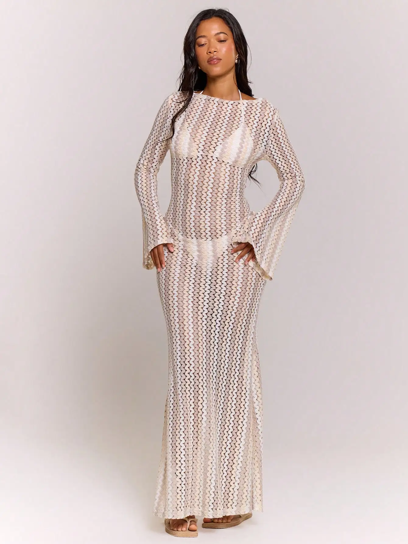 

Long Crochet Knit Maxi Dress With Zigzag Stripes And Bell Sleeves Boho Style For Summer Beach Festival Holiday