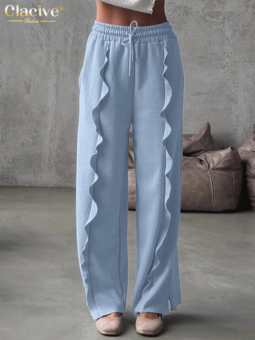 

Clacive Fashion Loose Blue Women's Pants 2025 Casual High Waist Wide Pants Elegant Ruffle Full Length Trousers Female Clothing