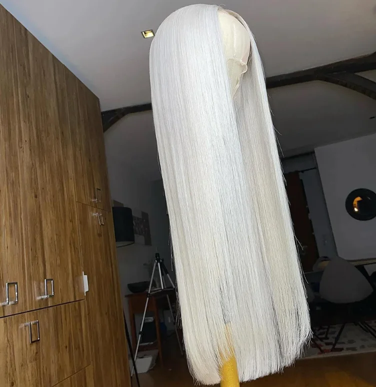 Perruque Lace Front Wig soyeuse sans colle pour femme, cheveux lisses et doux, couleur blanche, 26 pouces de long, densité 200%, pré-plumée