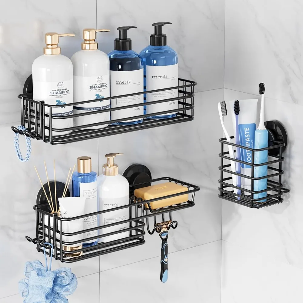 

3-Pack Shower Caddy with Suction Cups, Hooks & Soap Holder - Rustproof Black Bathroom Organizer