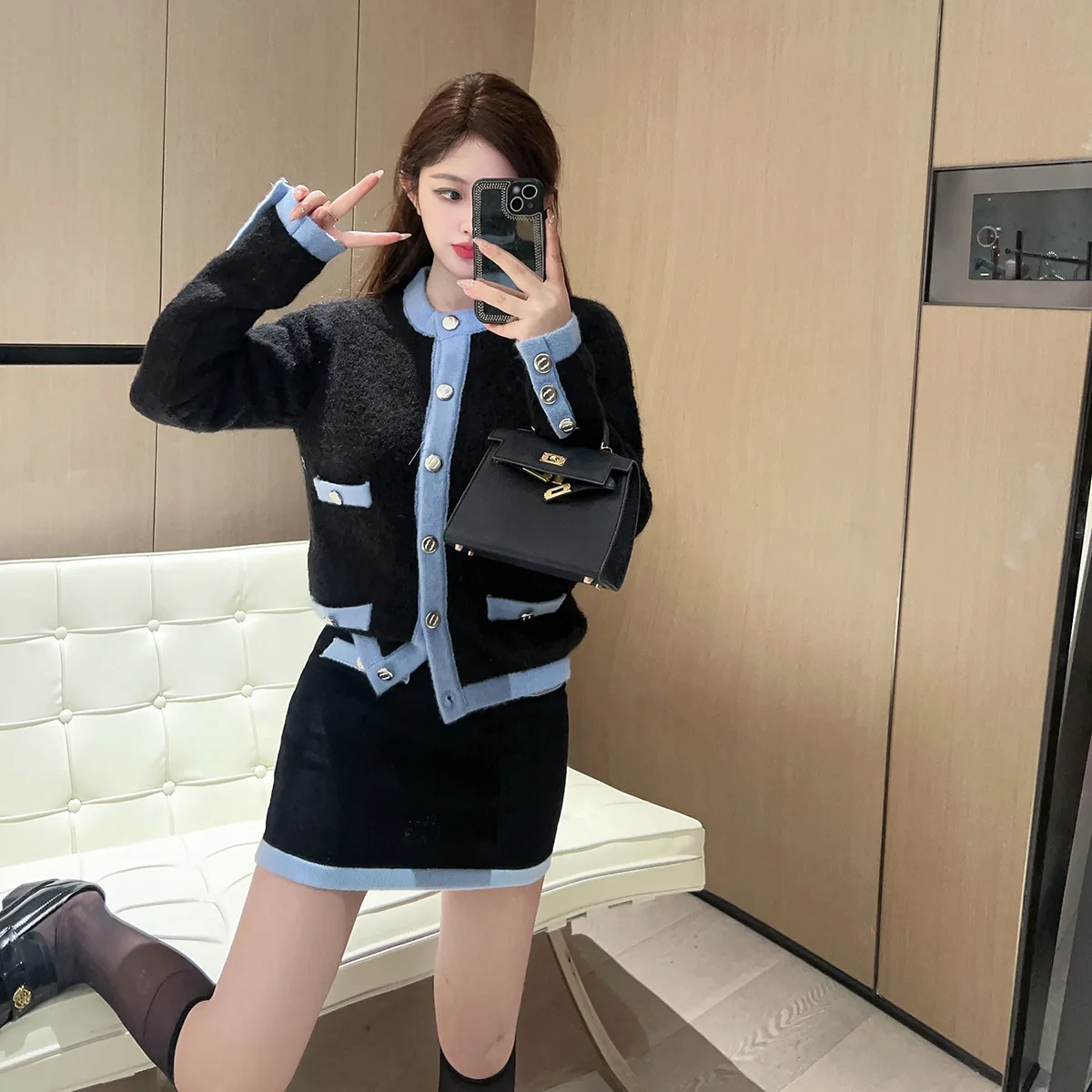 

Faionable антивозрастной вязаный открытый кардиган круглый Ne с одной пуговицей цветной дизайн Blo Small Fraance Sle женский топ