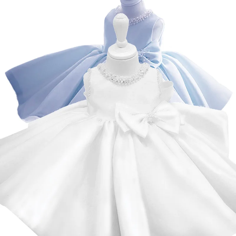 Vestido de satén con cuentas blancas y rosas para niña, tutú nupcial de boda, azul menta, vestido de baile para niño pequeño