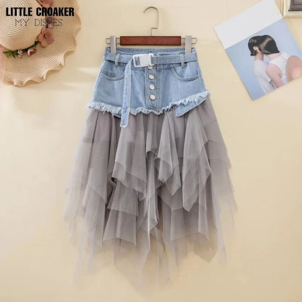 Asymmetrische Denim Jeans Tule Rokken Vrouwen Hoge Taille Lange Mesh Tutu Kwastje Geplooide Midi Gothic Rok Met Zakken Riem Zwart