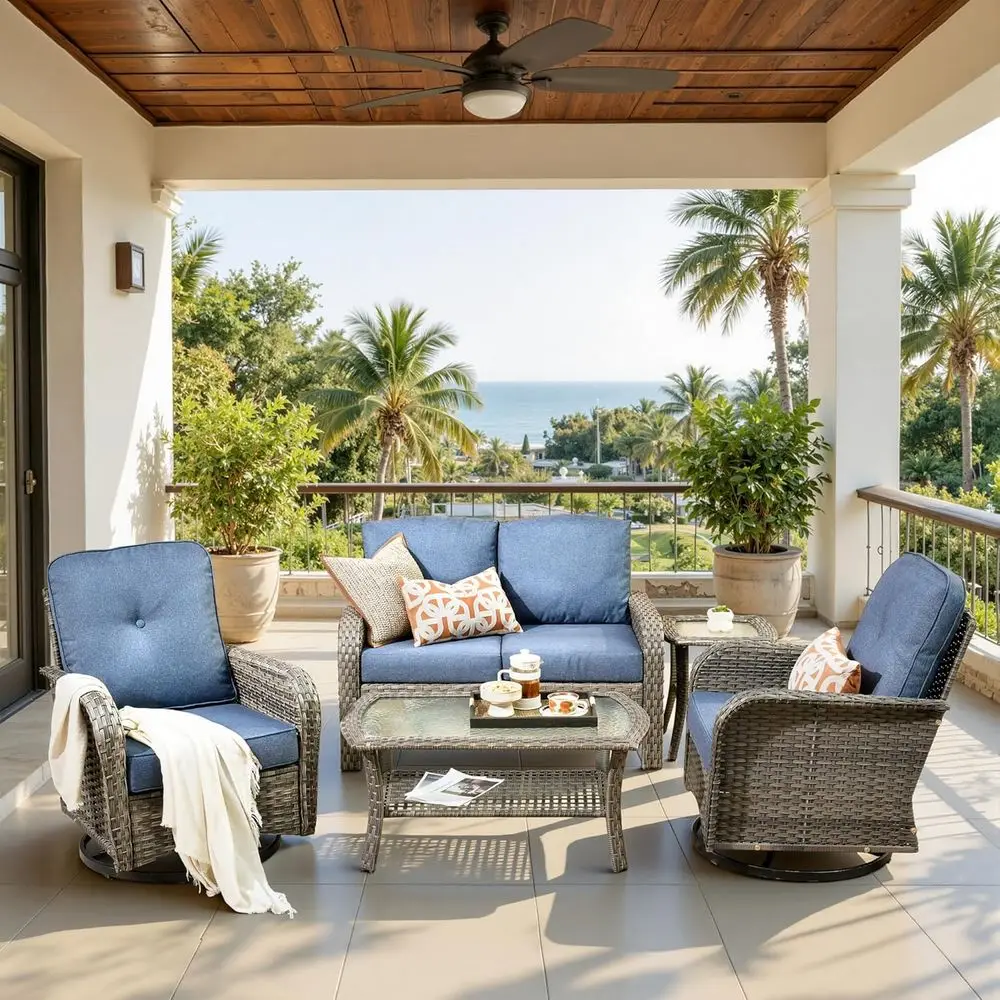 

5-Piece Outdoor Patio Furniture Set with Rocking Chairs, Rattan Sectional, Coffee Table, Grey Wicker Blue Cushions