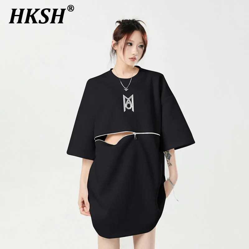 

HKSH Summer New Women's Dark Tide Metal Print T-shirts Niche Zipper Design Shoulder Pads Short Sleeve Tees Streetwear Punk H2574