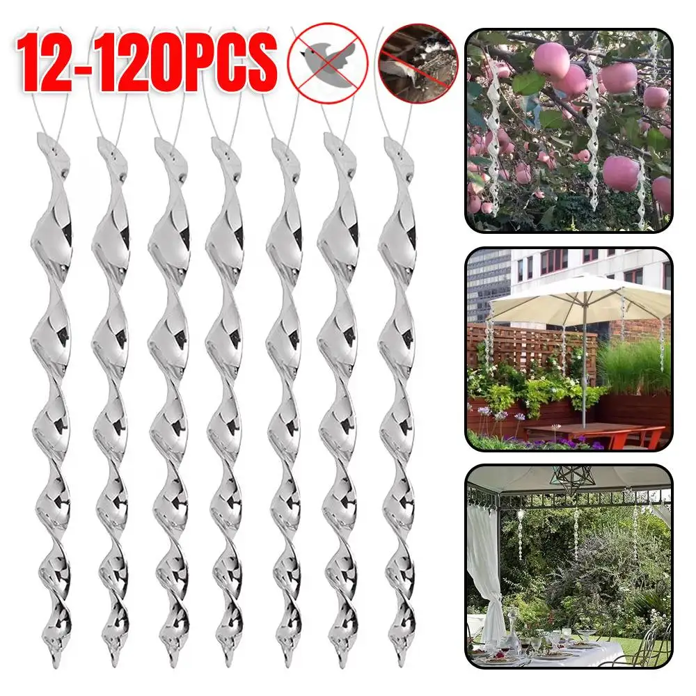 12-120pcs Bird Repellent Reflective Rods 30cm Scare Birds Repeller Wind Spiral Rotating Rod Hanging Ornaments Home Garden Decor