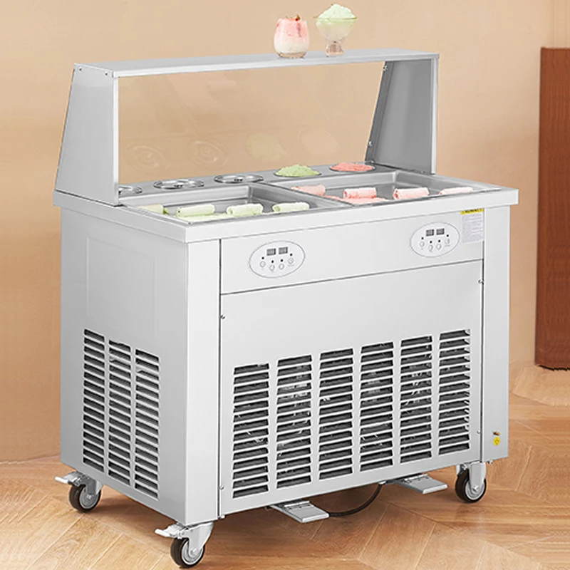 상업용 스테인리스 스틸 냉동 신선 과일 요거트 더블 플랫 팬 롤 프라이 아이스크림 기계