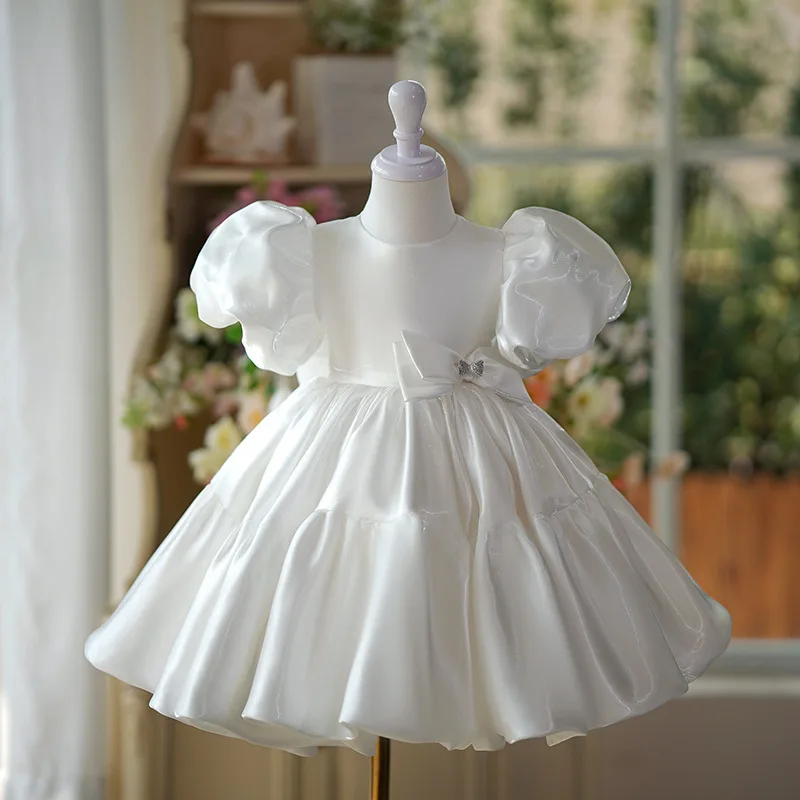 luxury Girls Princess white Pearl Children pearl Bow tutu Wedding Gown Kids Dresses baby infant Birthday Party Dress