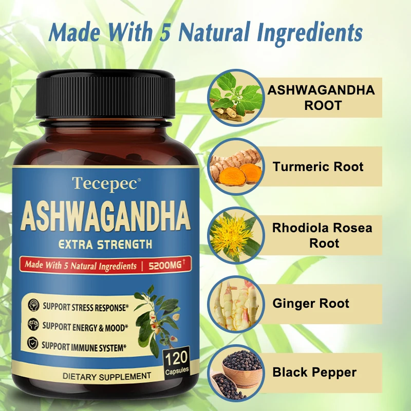 5-in-1 Premium Ashwagandha Capsules + Turmeric, Rhodiola Rosea, Ginger, Black Pepper - Supports Energy, Mood and Immunity