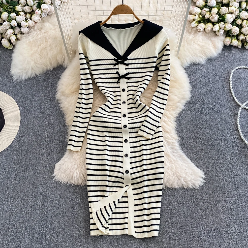 Sweet Navy Collar Striped Knitted Dress Long Sleeved Slim Fit Stretch Wrap Hip Dress Spring Female Split Mid Length Dress