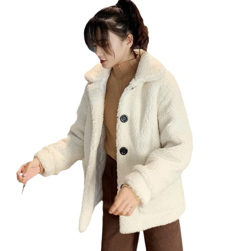 Women Faux Shearling Fur Coats Short Jackets Solid Pocket Turn Down Collar Long Sleeve Single Breasted Thick Casual 2025 Winter