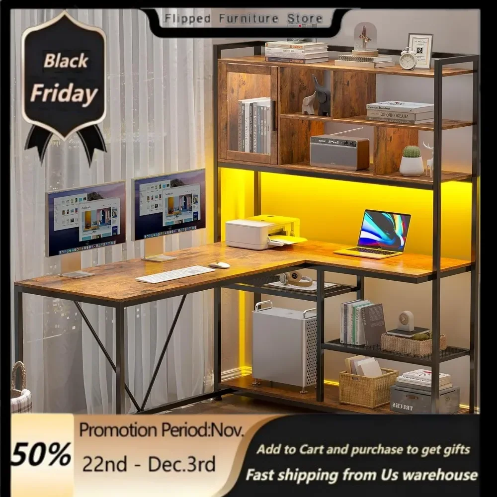 Shaped Computer Desk, 58'' Office Desk with LED Light and Bookshelf, L Shaped Corner Desk with Storage Shelves for Home Office