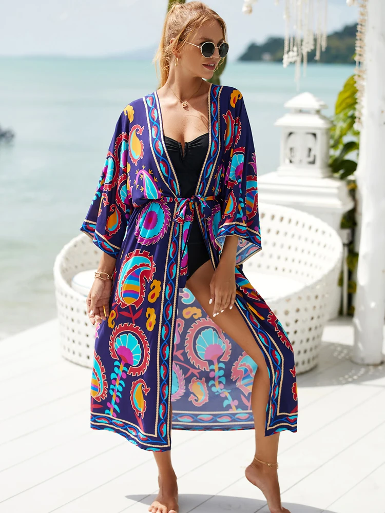 

Boho Printed Long Kimono Dress Bathing Suit Cover-ups Summer Clothing Tunic For Women Beach Wear Swim Suit Cover Up Q1512