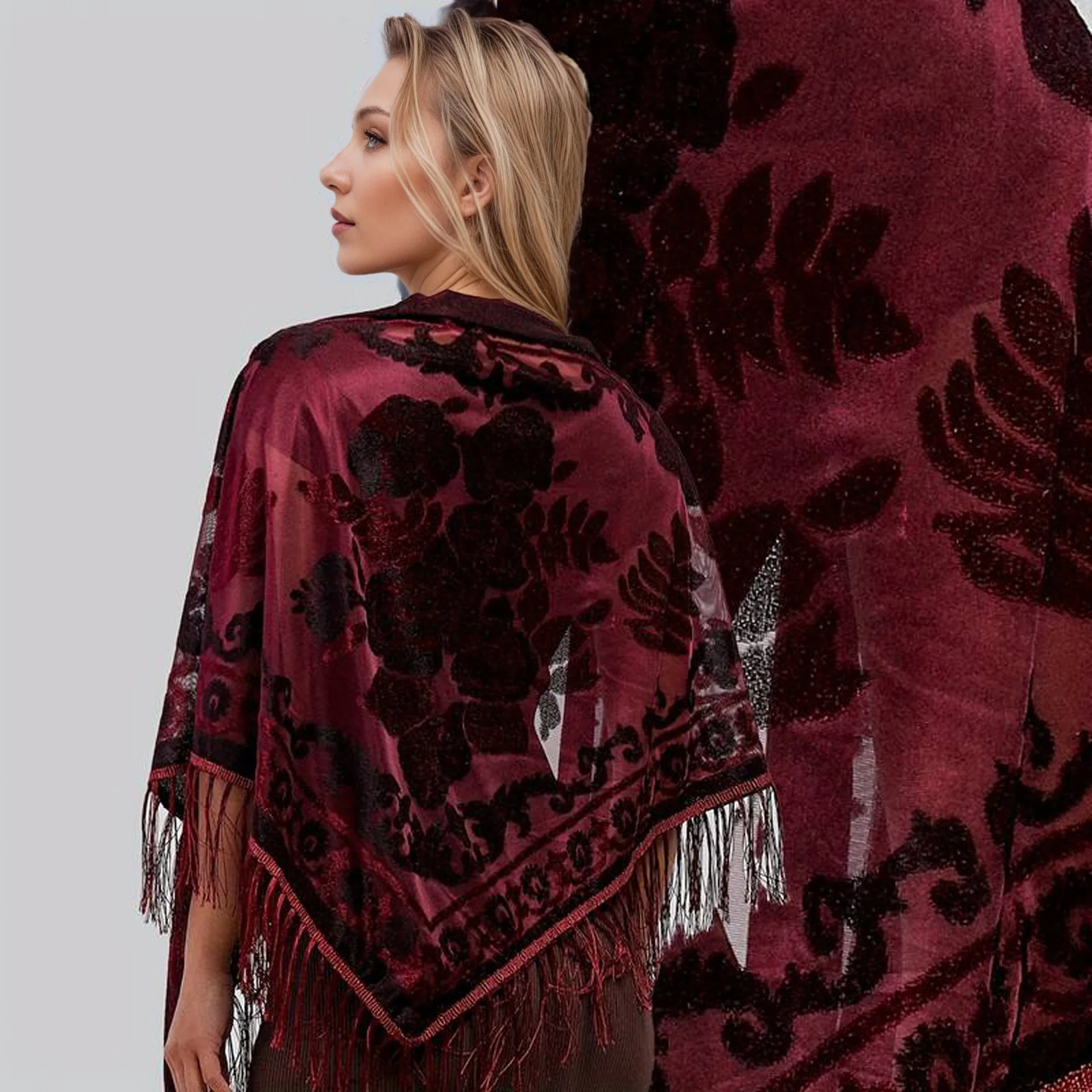 1 nuevo chal triangular retro con bufanda de borla de flores de terciopelo de estilo étnico emparejada con chal cheongsam