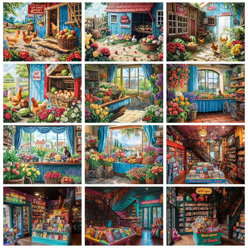 

PhotoCustom Painting By Numbers For Adults Kits Courtyard Wall Art Landscape Picture Numbers Painting For Home Decoration