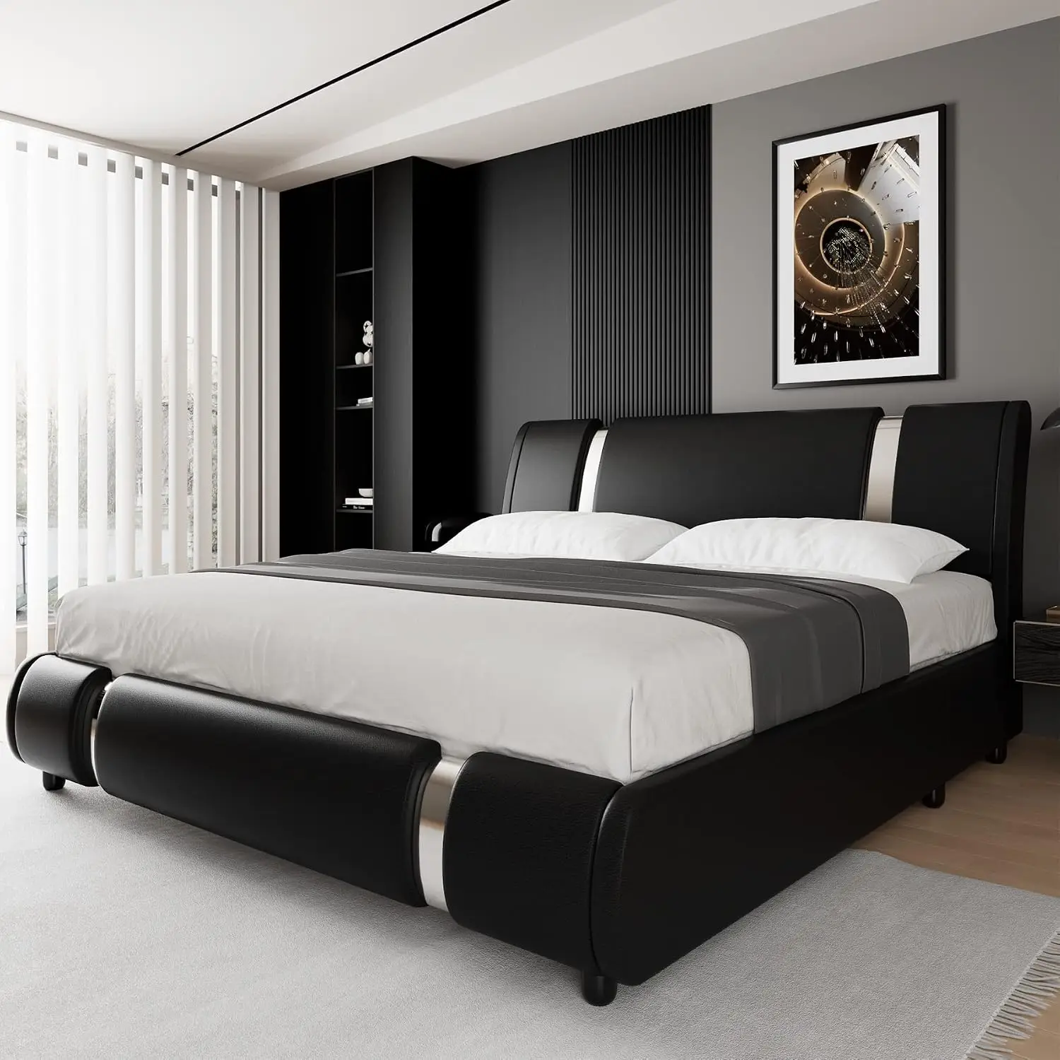 Modern Faux Leather Platform Bed Frame with Iron Decor & Adjustable Headboard, Wooden Slats, No Box Spring, Queen, Customized image 4
