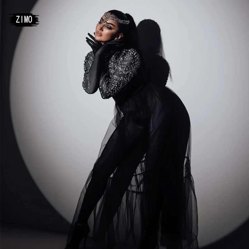 glitter rhinestones long sleeve black jumpsuit gloves Singer Stage sexy Birthday club party pole dancer wear outfits Celebrate