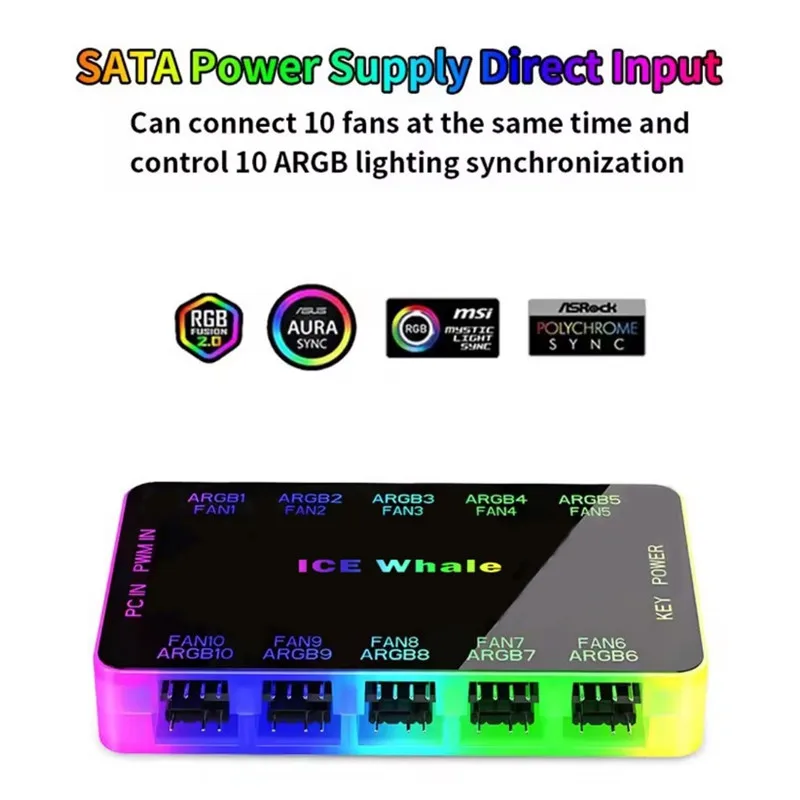 ICE Whale C10 1 bis 10 PWM- und ARGB-Gehäuselüfter-Hub-Splitter 4-poliger PWM 3-poliger adressierbarer ARGB-SATA-Stromschnittstelle mit Fernbedienung