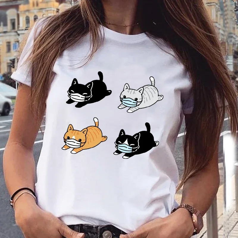 Kaus wanita gambar kucing grafis baju jalanan bercetak kartun lengan pendek musim semi musim panas baju atasan wanita