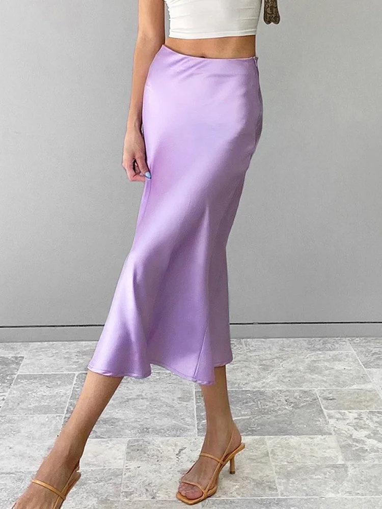 

Satin Silk Long Skirt Purple Women New Elegant Ladies Summer High Waisted Office Midi Bottom Spring Fashion