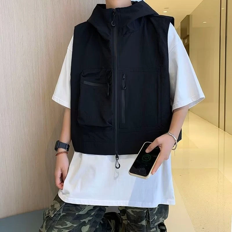 

Men's Women's Vintage Loose Fit Utility Vest Short Camo Hooded Cargo Biker Jacket Streetwear Outerwear
