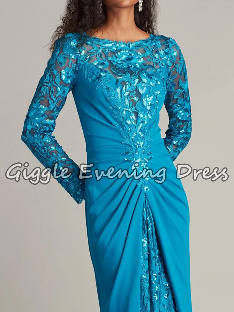 Giggle Elegantes Damen-Abendkleid im Meerjungfrau-Stil, U-Ausschnitt, volle Ärmel, Spitze, Falten, blaues Kleid für die Brautmutter, individuell gestaltet