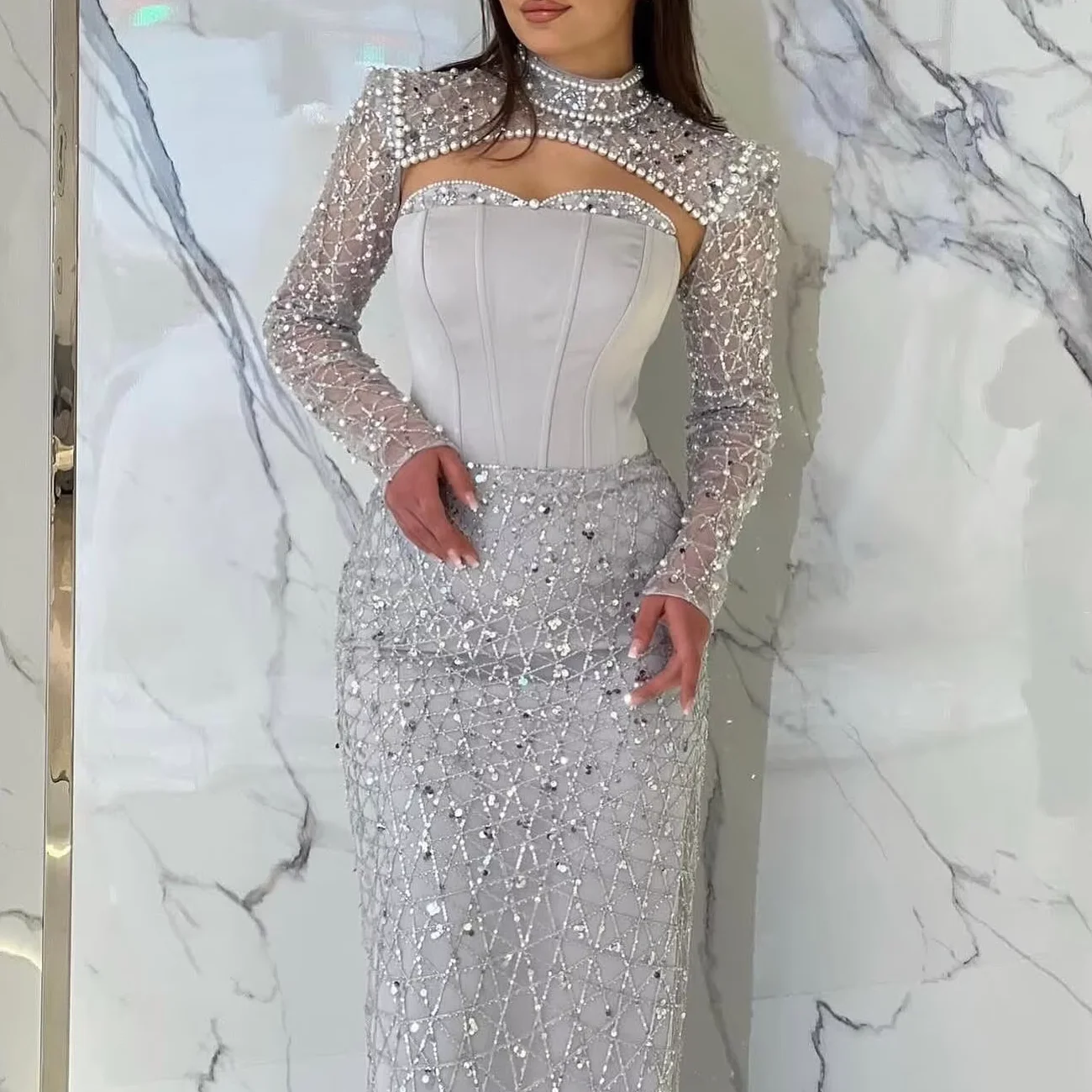 

Sliver Sequined Pearls Mermaid Formal Evening Dresses Cocktail Party Prom Gowns Customized