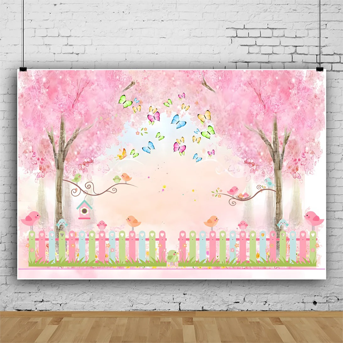 Laeacco Spring Pink Watercolor Floral Birds Butterfly Backdrop Girl Princess Birthday Portrait Customized Photography Background