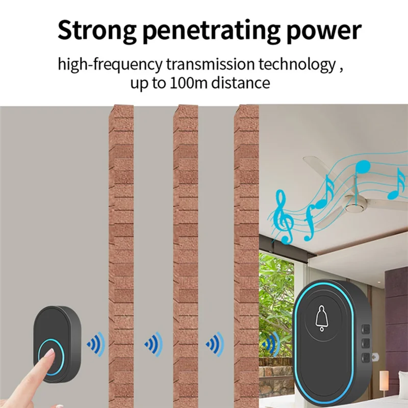 BNVN-Wireless Doorbell 433Mhz Waterproof Button Adjustable Volume 36 Melodies Ringtones Indicator Light Remind