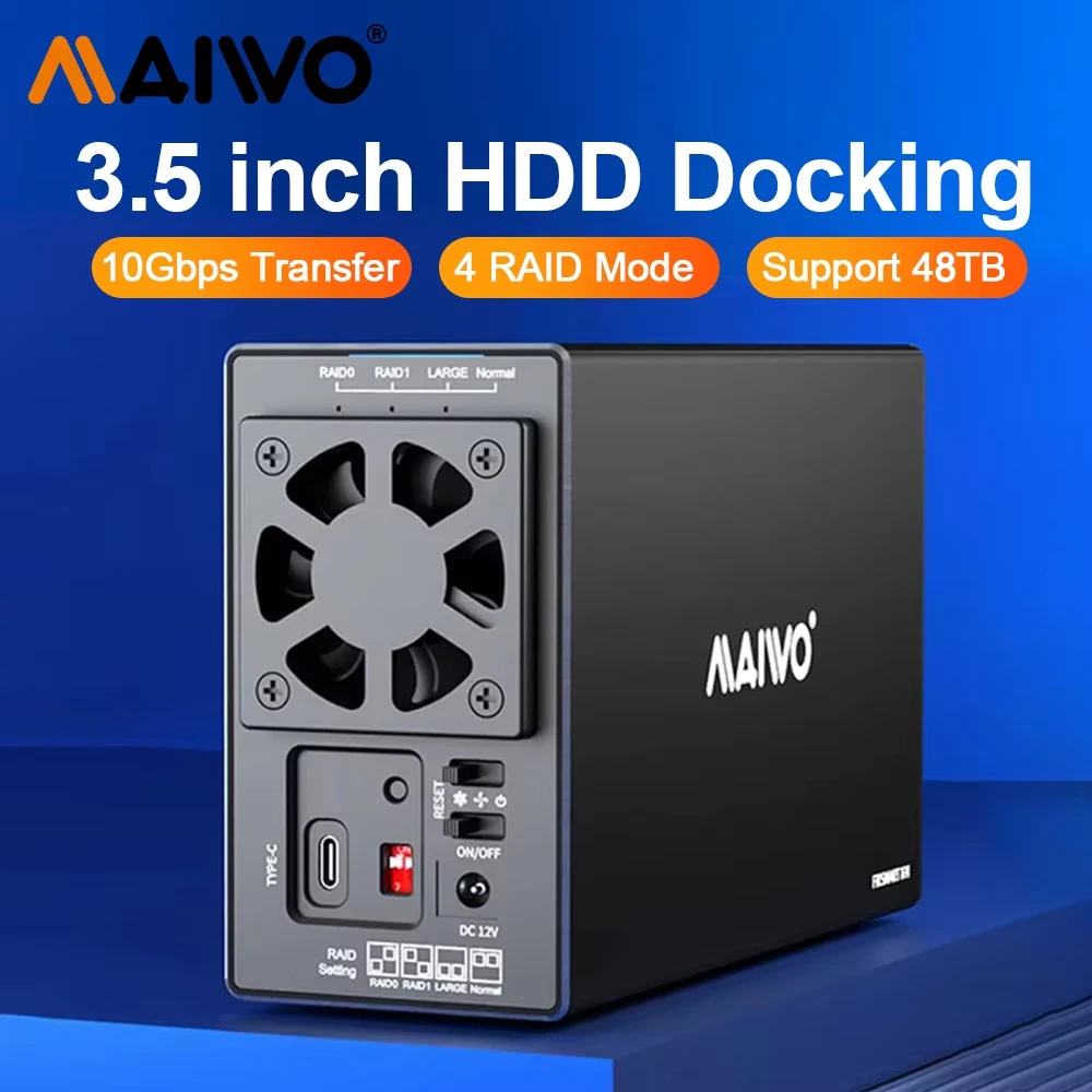 MAIWO 2.5/3.5 Inch Dual Bay External Hard Drive Enclosure USB3.1 Type-C Gen2 10Gbps Array Cabinet SATA Hard Disk Box With 4 RAID