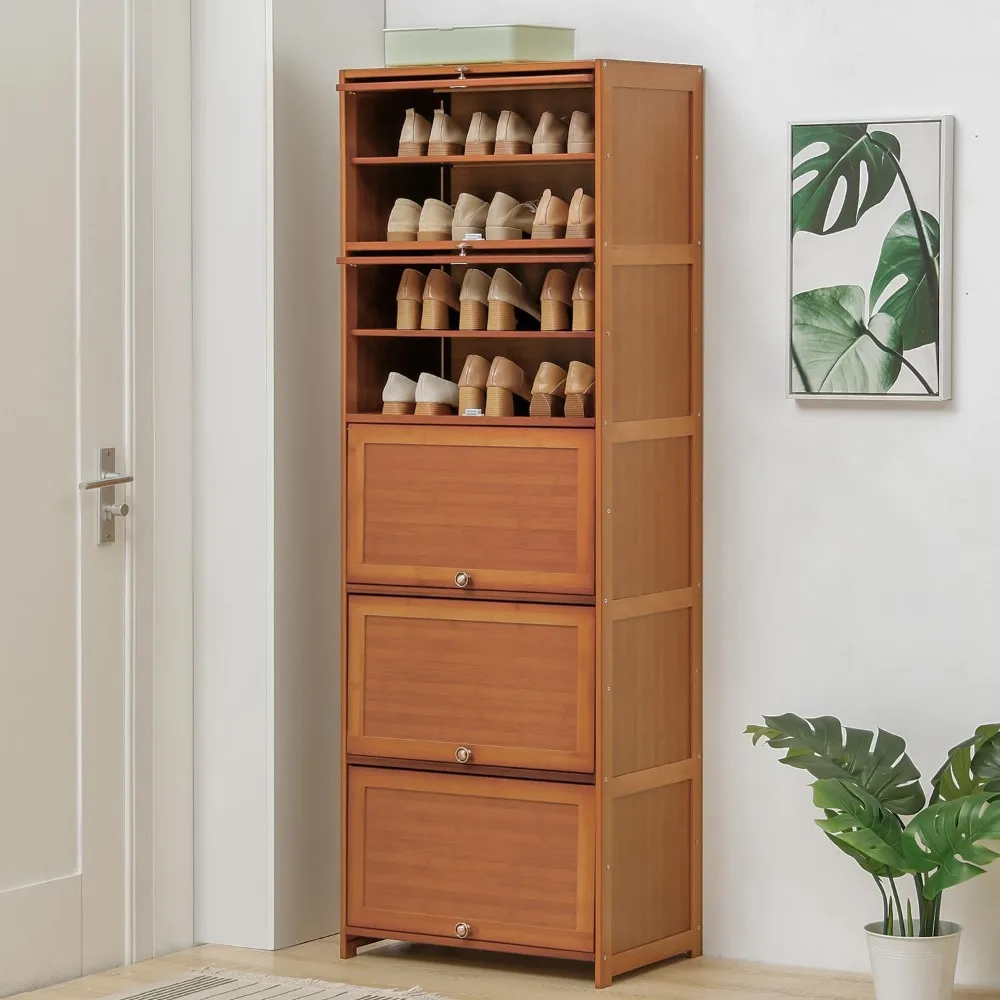 

10 Tier Bamboo Shoe Cabinet with Flip Doors, Stylish Free-Standing Organizer for 26-30 Pairs, Perfect for Entryway, Hallway