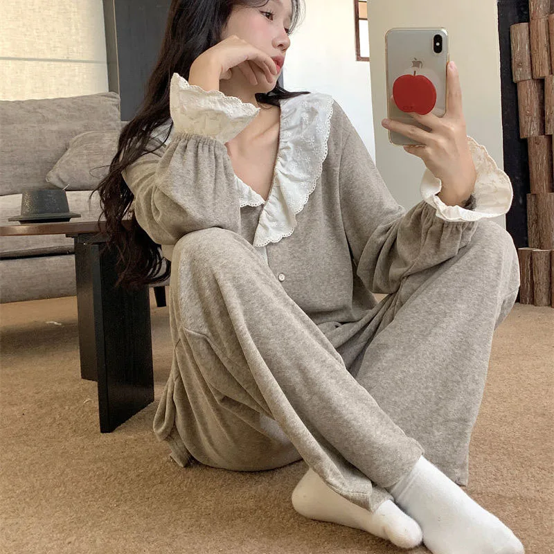 Ropa de dormir de encaje para mujer, conjuntos de pijamas de otoño Piiama, conjuntos de pantalones de manga larga para mujer, ropa de noche coreana, traje para casa gris, novedad de 2025
