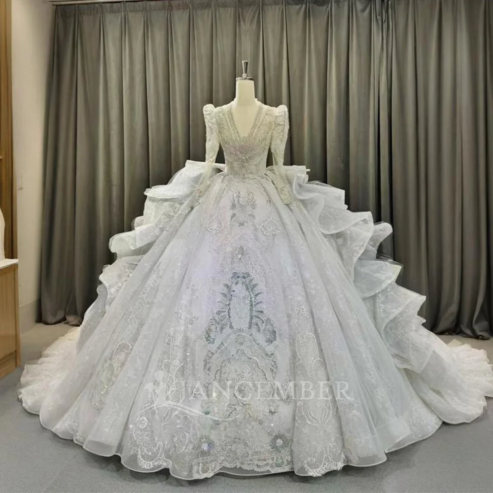

Newest Church Wedding Dress For Bride Ball Gown V-neck With Lace Custom Made Long Sleeves Plus Sizes Vestidos De Novias