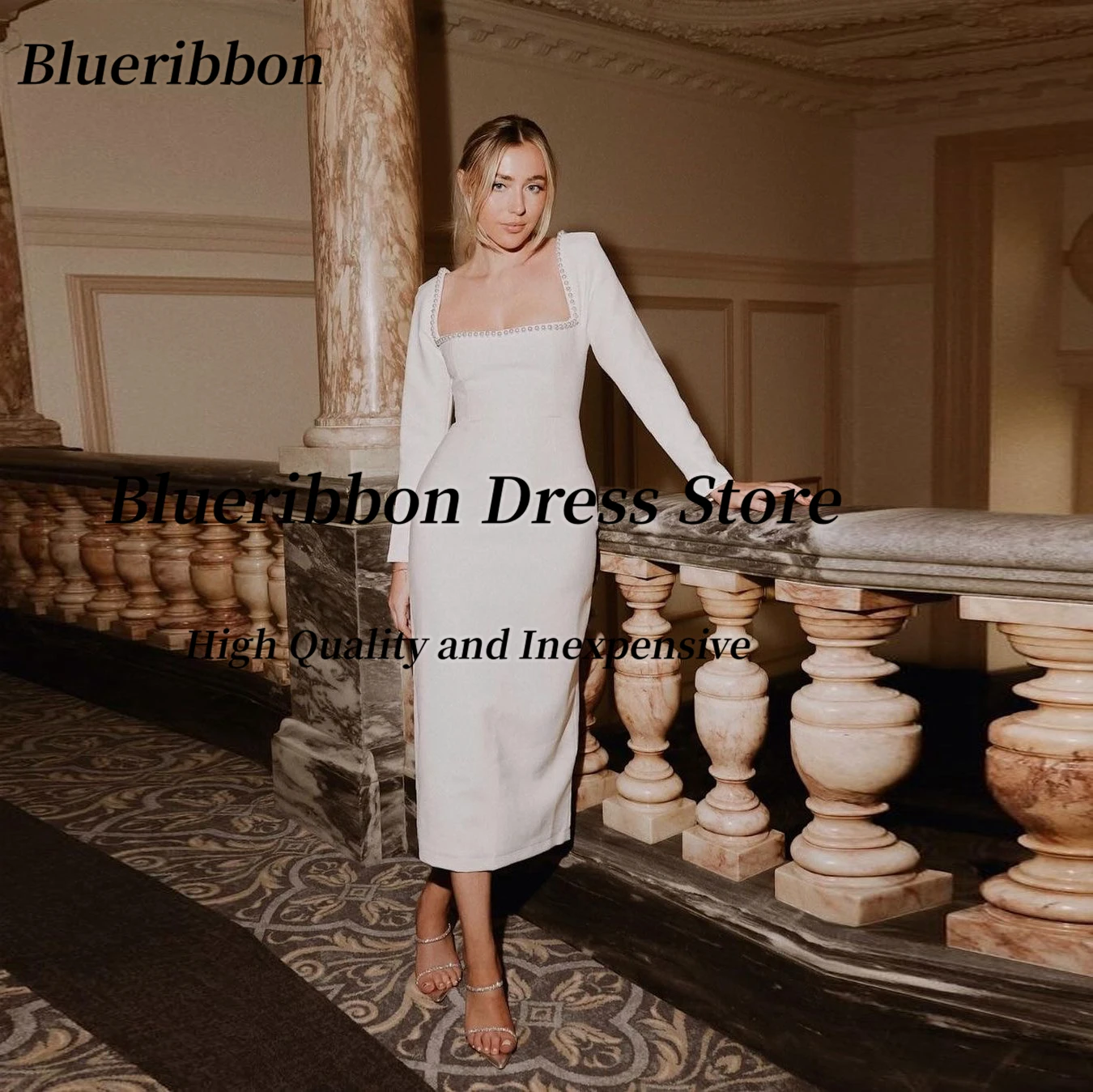 

Blueribbon Pearls Square Neck Prom Dresses 2024 Long Sleeves Robe Des Cocktail Dress Back Slit Evening Prty Gowns