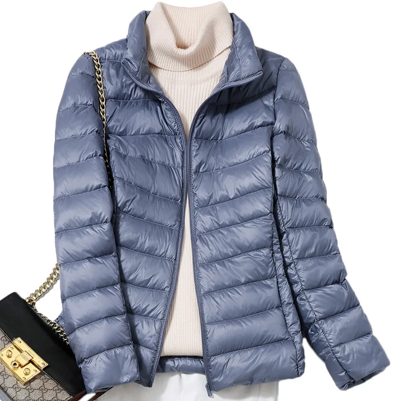 Piumino da donna coreano colletto alla coreana moda corto sottile piumino d'anatra bianco caldo cappotto ripiegabile ultraleggero femminile