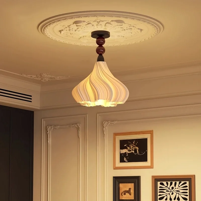 Mid-Century Wood Bead Pendant Light with Wavy Lampshade for Kitchen Island Dining Room
