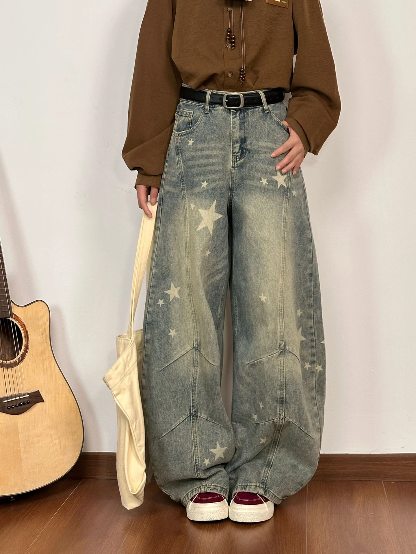 Washed Star Print American Retro Denim Pants Women Slimming Drapey Knife Wide Leg Long Trousers Vintage Style Natural Waist