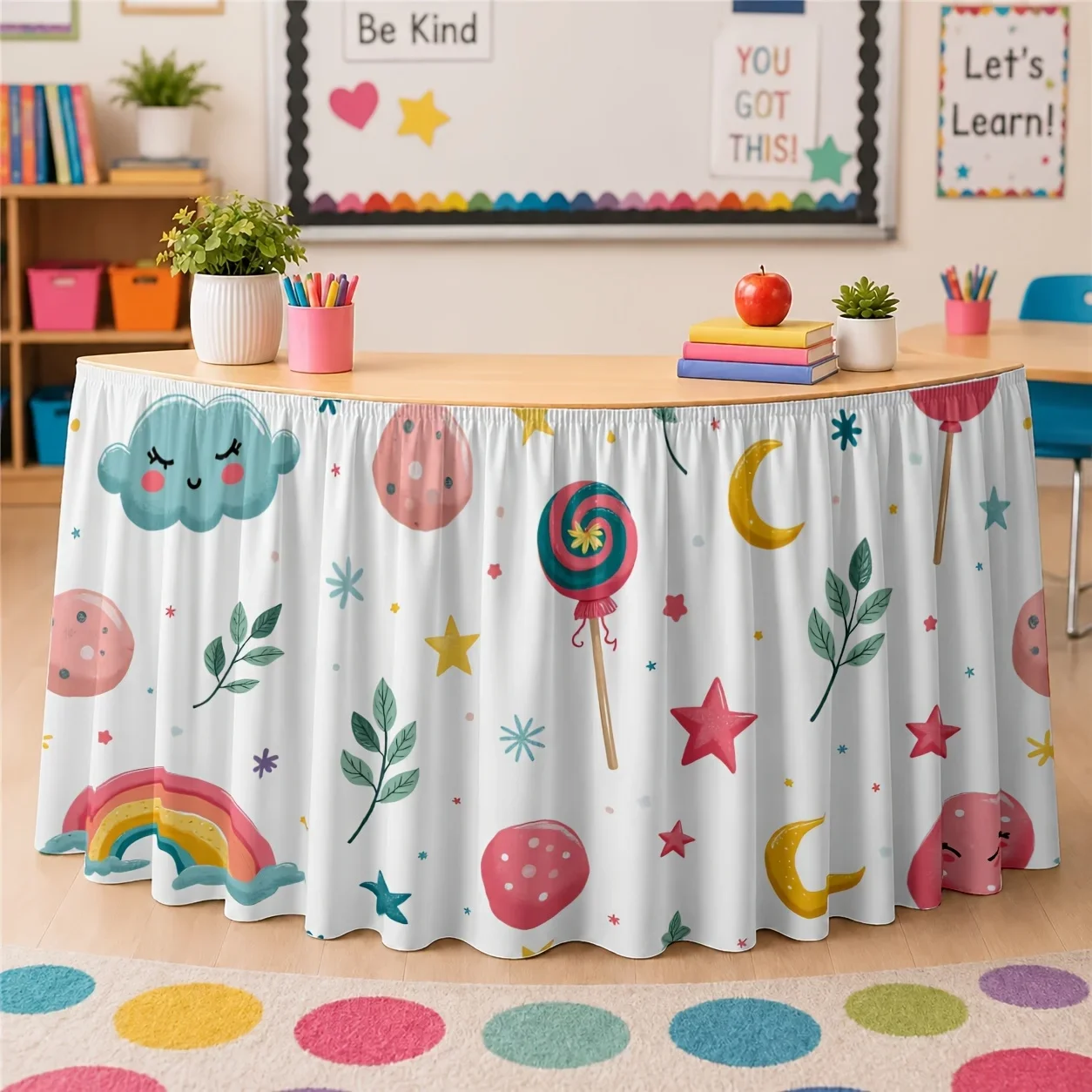 One tablecloth, candy-themed tablecloth, polyester, fun, imagination, joy, dreamy, colorful, kitchen, dining room