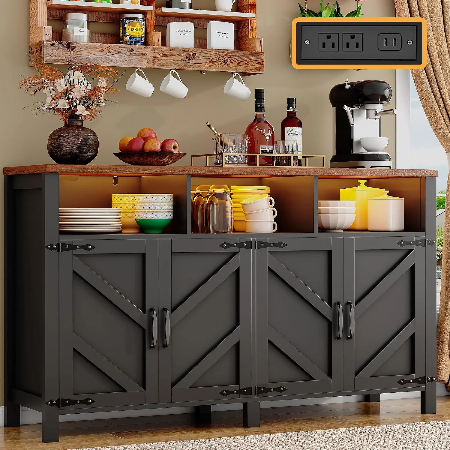 Farmhouse Buffet Sideboard 4 Doors Shelves Cabinet Power Outlets Coffee Bar Kitchen Dining Entryway 55