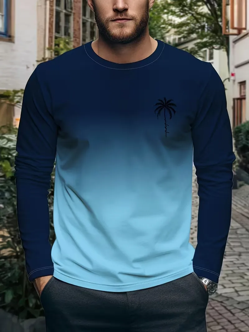 Gradient Color Coconut Tree Print Men's T-Shirt Summer Casual Sports Men's Top Fashion Breathable Daily T-Shirt Men's Clothing