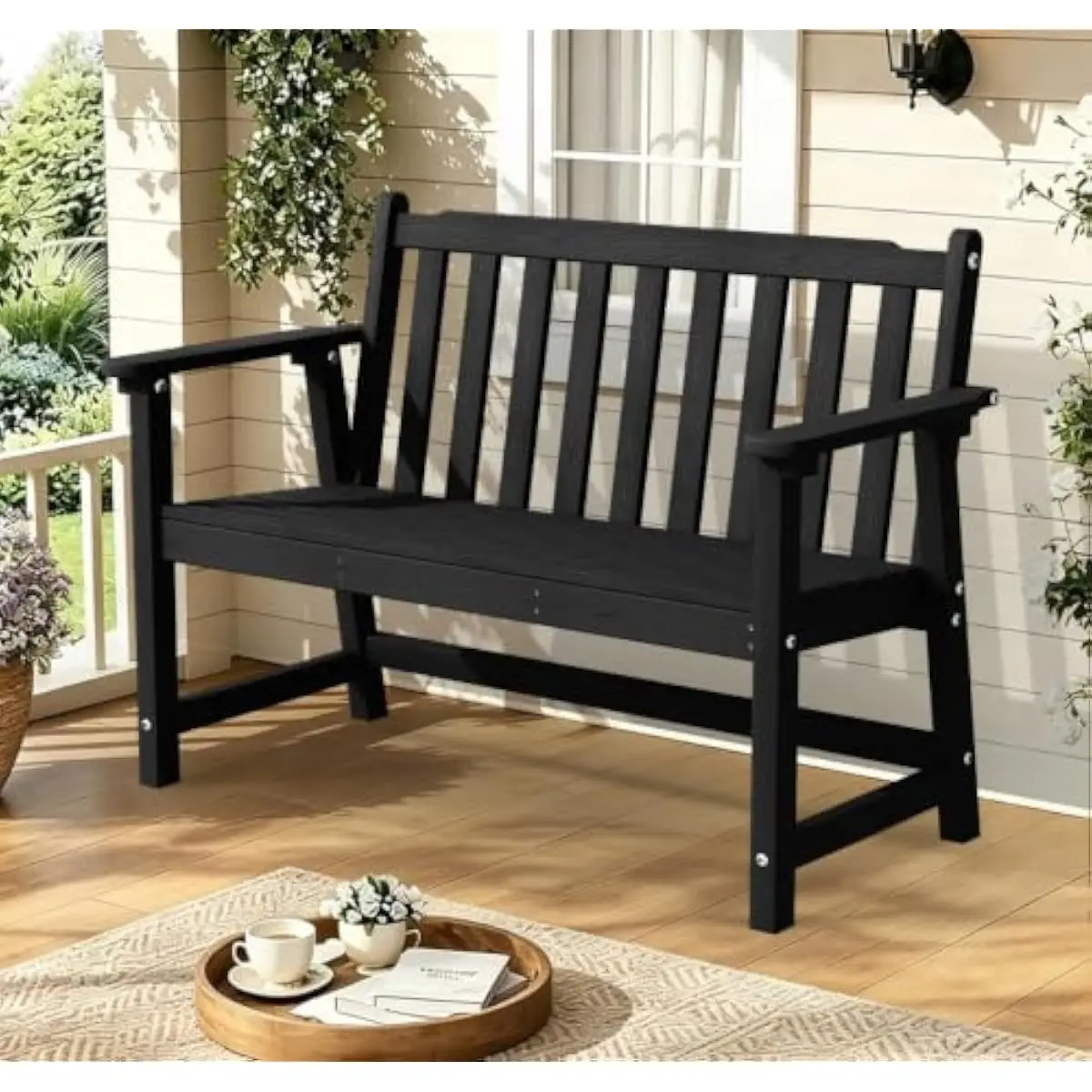 48 Inch Heavy-Duty HDPE Outdoor Bench for Patios Gardens and Porches | Weather Resistant Black Seating | 550 Lb Capacity | Low M